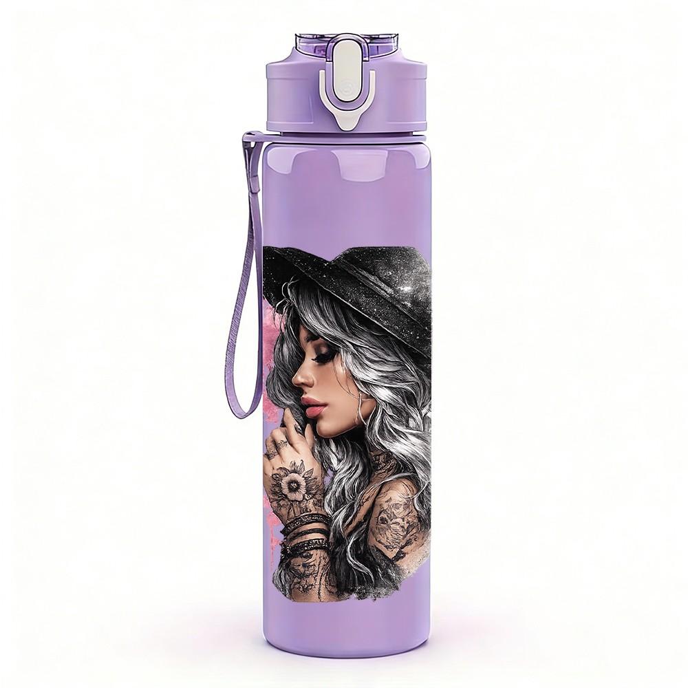 1PC Two Woman Dark Portrait Print 750ml Color Plastic Sports Water Bottle Leakproof Flip Straw Lid Suitable for Sports Office Home Use