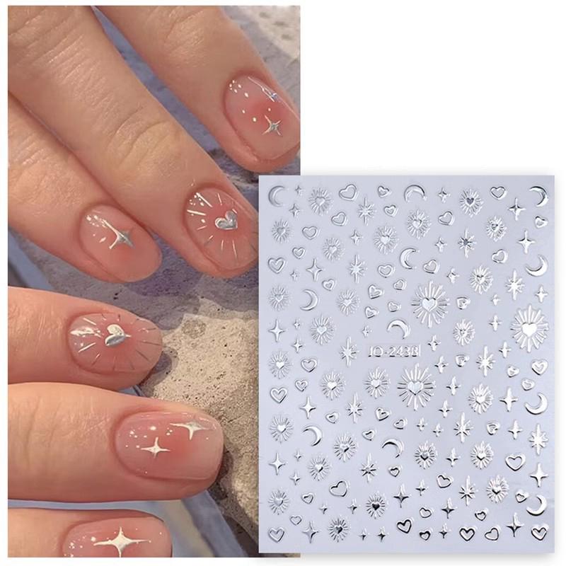 1Pc Bronzing Heart-Shaped Nail Stickers Gold And Silver Laser Butterfly Star Moon Glue Slider Diy Nail Accessories Decoration