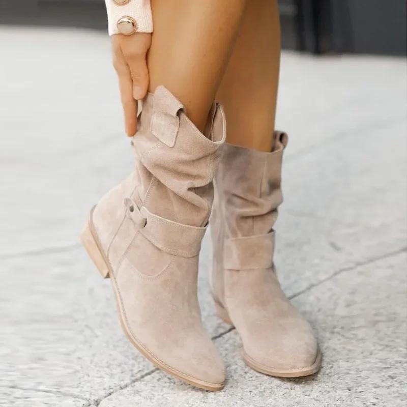 Fashion Women Ankle Boots 2024 Autumn and Winter New European American Style 34-43 Round Head Low Heel Suede Low Barrel Women's Boots