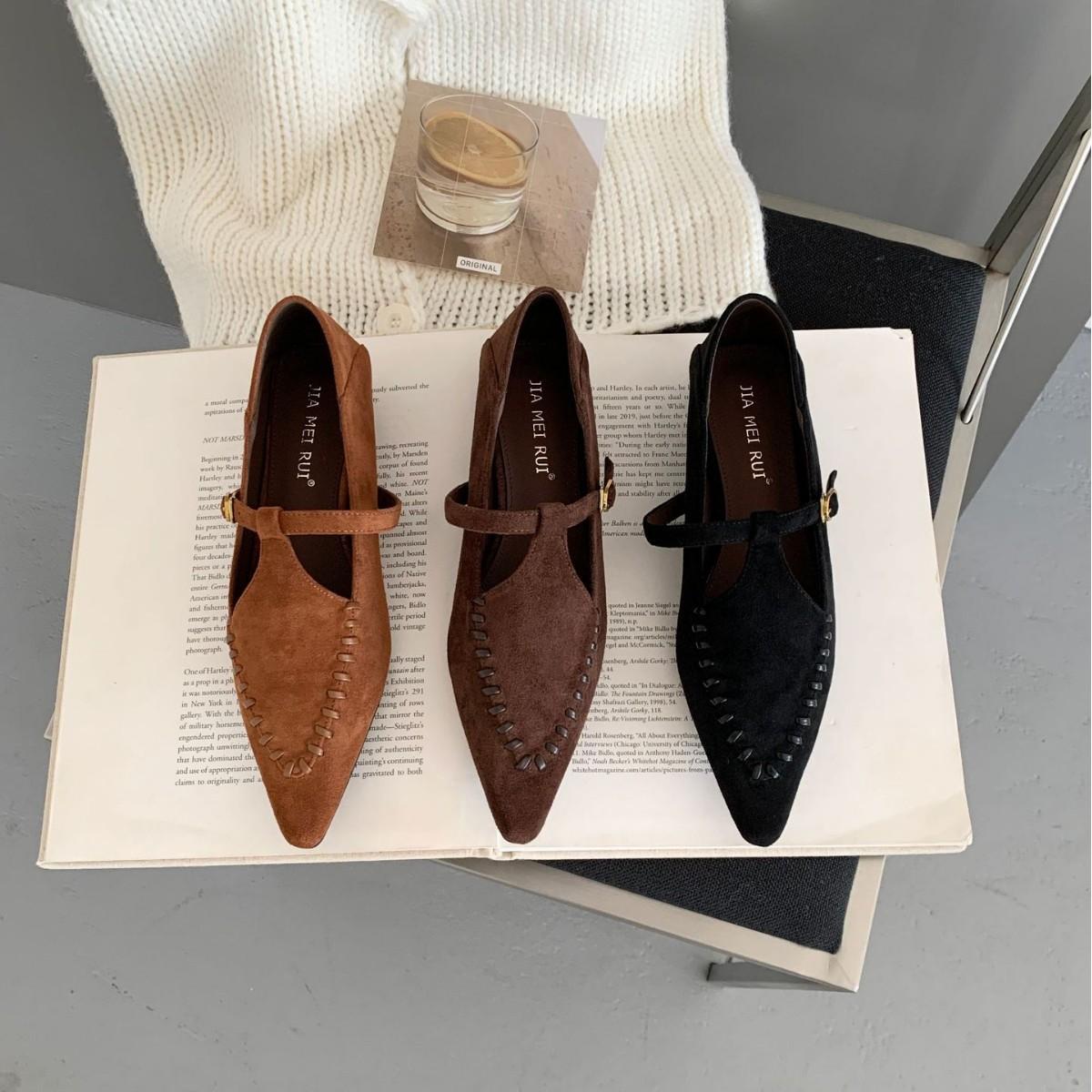 

2025 autumn new one-word with light mouth woven low slope heel Mary Jane college style commuter work women s shoes 40 коричневый
