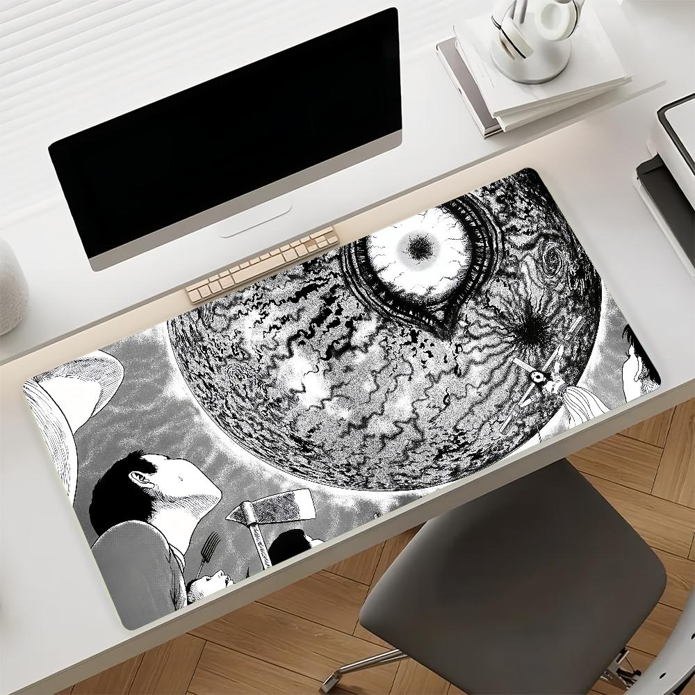 Antislip Gaming Desk Mat with Stitched EdgesVintage Horror Manga Style Spiral Girl Face Design Large Mouse Pad for Home Office
