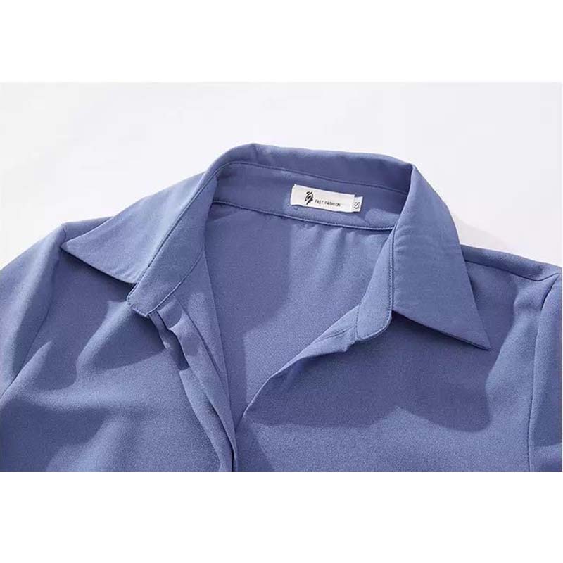 V-neck Chiffon Shirt Women's Long-sleeved Loose Pullover Shirts Korean Style Temperament Solid Color Double Layer Collar Shirt Blue White Casual Shirt