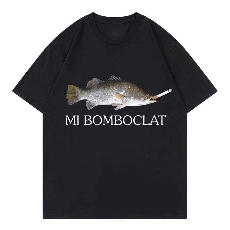 Mi Bomboclat Funny Smoking Fish Tee Vintage Hip Hop Black Short Sleeve Y2k Meme Unisex Casual Loose Graphic T Shirt