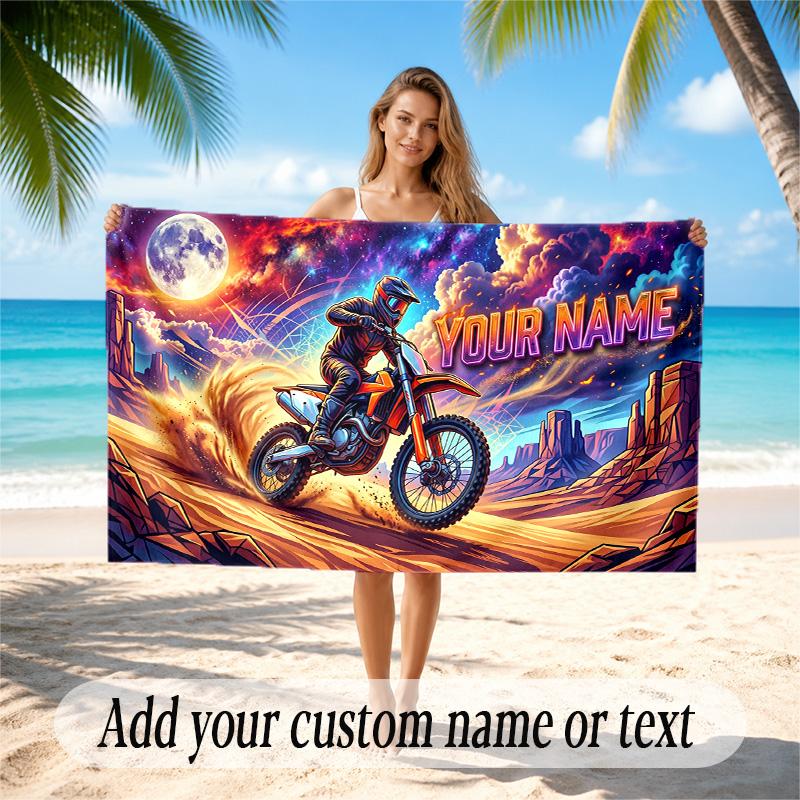Motorcycle Biker Theme Quick Dry Beach Towel Custom Name Text Print Large Sand Resistant Towel Beach Vacation