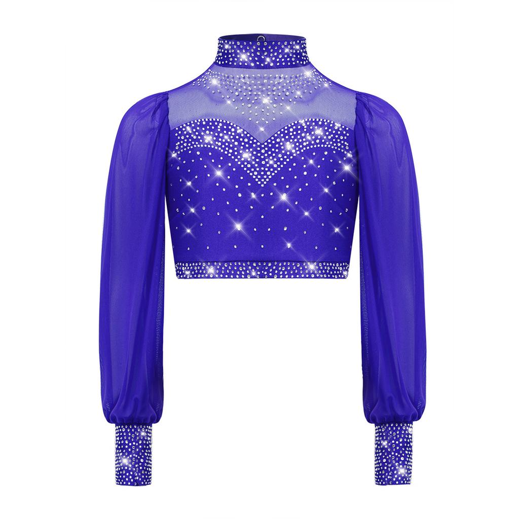 Mädchen Mesh Tanztop Langarm Stehkragen Ausschnitt Rücken Strass Crop Top für Lyrische Ballett Aufführung