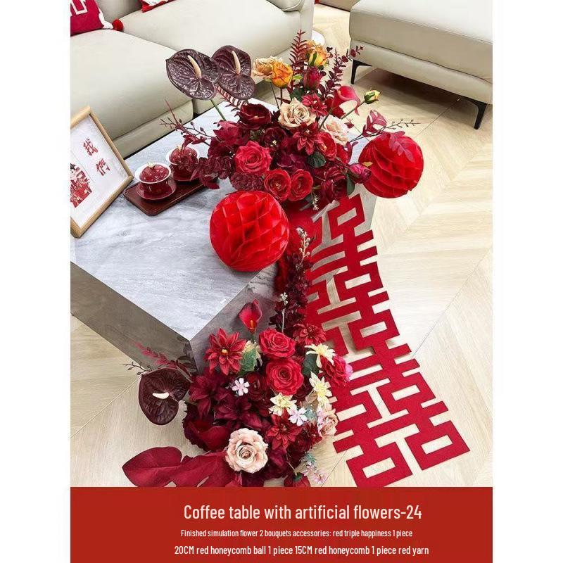 Red Floral Wedding Table Arrangement for Living Room or Bedside Decor