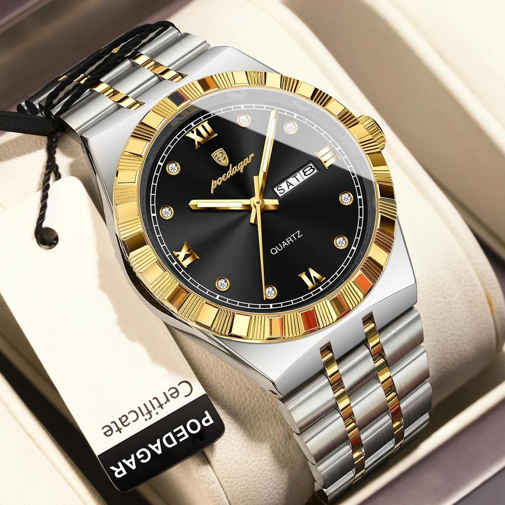 POEDAGAR Luxury Business Male Watch Waterproof Luminous Week Date Wristwatch Stainless Steel Trendy Quartz Watches for Men