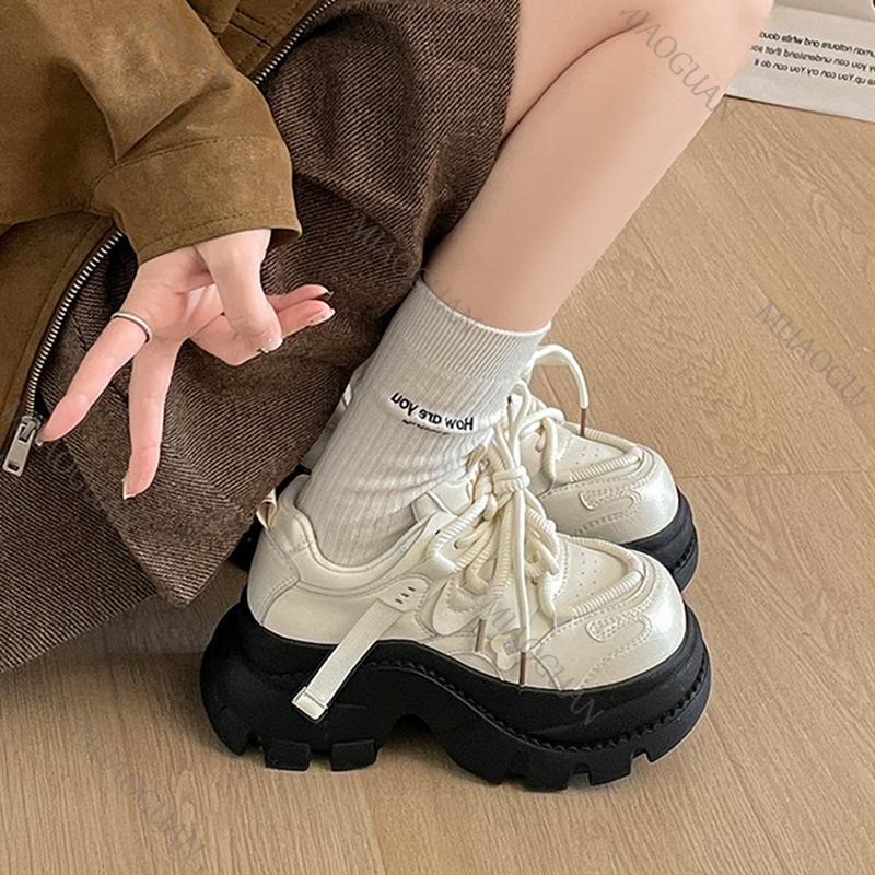 Height Increasing Platform Sneakers for Women Chunky Heel Lace Up Casual Shoes Women 2026 Spring Autumn Female Sports Tennis
