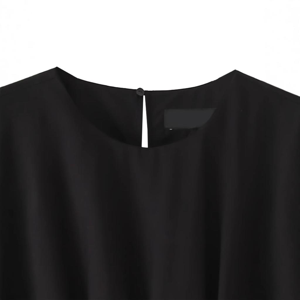 High-end spring and summer new small black dress short-sleeved round neck pleated poplin slim dress