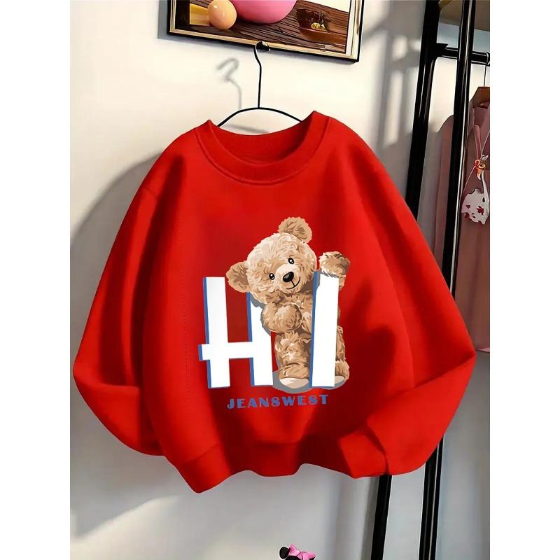 Kids Crewneck Long Sleeve Pullover Sweatshirt, Teddy Bear Holding Hi Sign Graphic Print