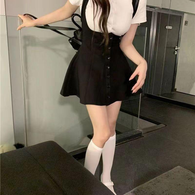 Black Slimming A-Line Mini Dress with High Waist Overalls for Women - Spring/Summer Collection