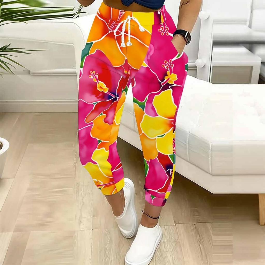 Summer Ladies Mottled Patterns Printed Sweatpants Loose Fit Drawstring Joggers Elastic Cuff Daily Casual Pants