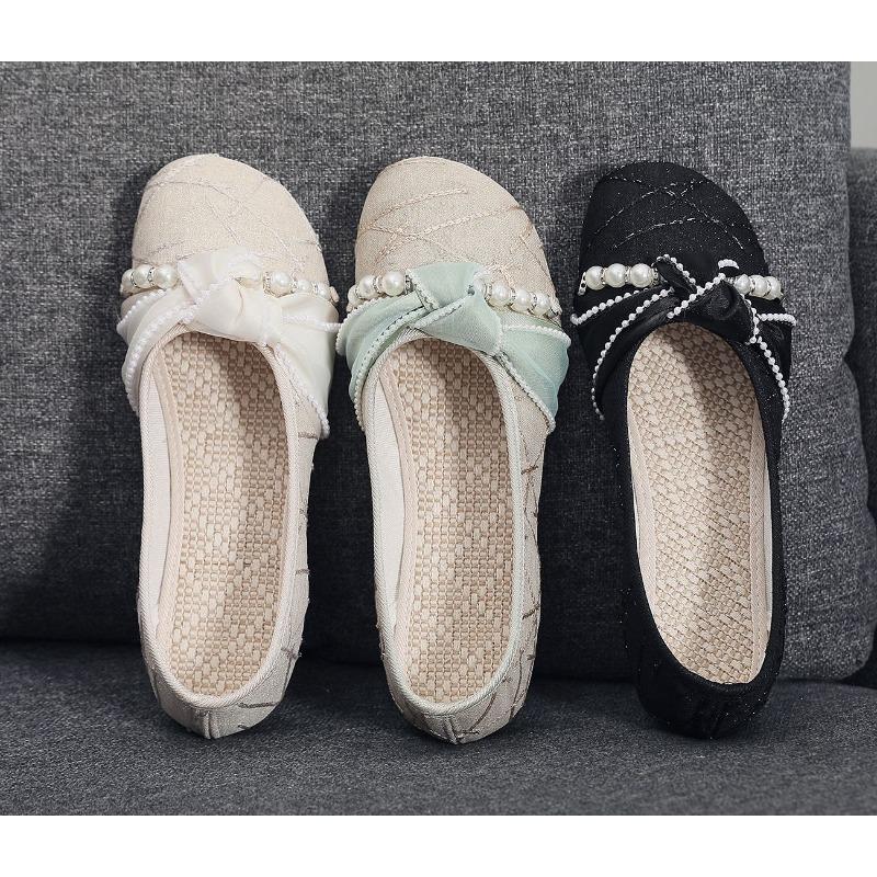 New Pearl Decorated Soft Bottom Flat Women's Shoes Spring Casual Breathable Lightweight Cotton Upgraded Version Fairy Style