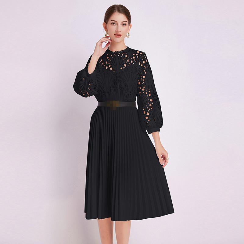 

Новое модное кружевное сексуальное летнее плиссированное платье с вырезом, женское элегантное цельное платье с рукавами три четверти и вышивкой в ​​стиле пэчворк M чёрный