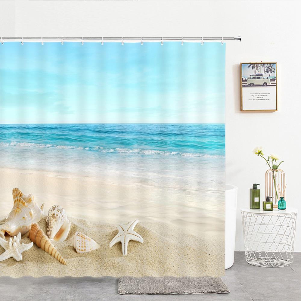 High Quality Sea Beach Shell Printed Shower Curtains starfish Bath Curtain Screen Waterproof Products Bathroom Decor with Hooks