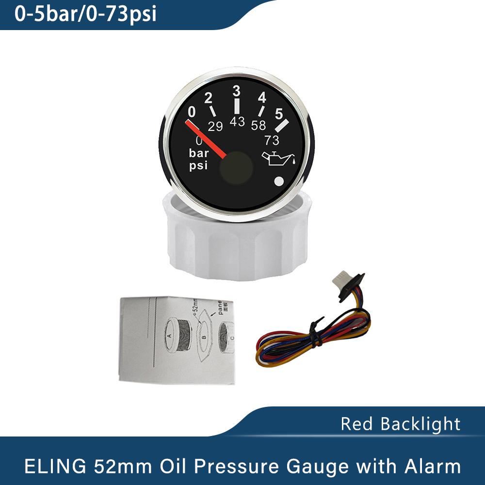 ELING New 52mm Oil Pressure Gauge Meter 0-5Bar 0-10Bar with Red Backlight and Light Alarm for Ships Motorcycle 9-32V