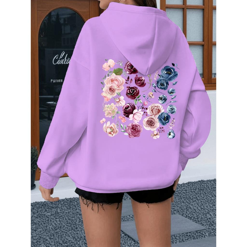 Watercolor Rose Print Women Hoody Vintage Loose Bohemia Wildflower Sweatshirt Long Sleeve Boho Plant Theme Female Hoodies
