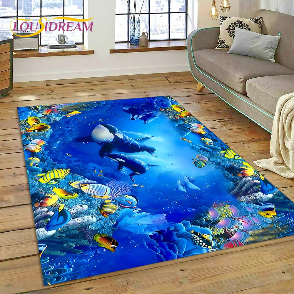 3D-Illusion, Unterwasserwelt, Meeresboden, Hai, Delfin, Cartoon-Teppich für Wohnzimmer, Schlafzimmer, Dekoration, rutschfest, für Sofa, Fußmatte, Kind