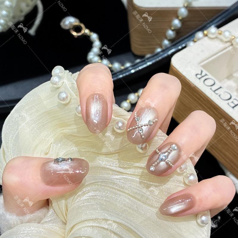 L122 Rhinestone Cross Mosaic Cat Eye Whitening Glass Bead Nails S (Short Oval)