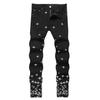 Four Seasons Street Black Mid Waist Jeans Men's Embroidered Elastic Trendy Personalized Slimming Small Foot Denim Pants