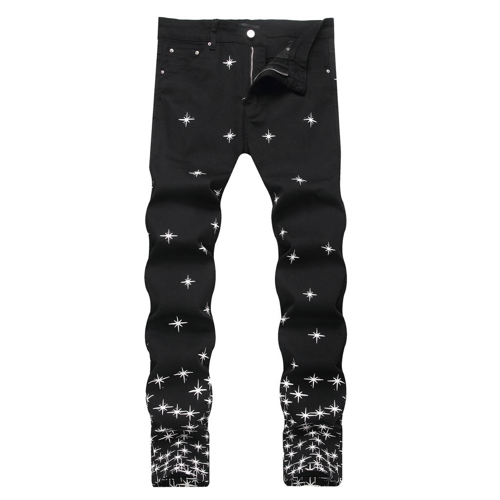 Four Seasons Street Black Mid Waist Jeans Men's Embroidered Elastic Trendy Personalized Slimming Small Foot Denim Pants