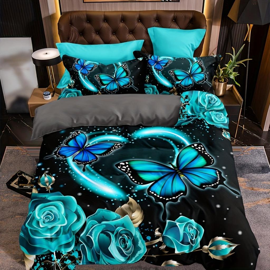 Enchanting Butterfly Rose Floral 3D Bedding Set Breathable Duvet Cover Set King Queen Twin Single Size Bithday Gift for Girls