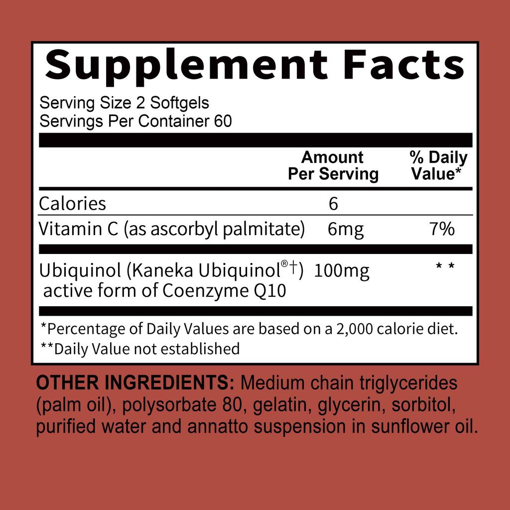 Medium-chain triglyceride oil capsules, containing panthenol and coenzyme Q10 extract, 100 mg, suitable for adults.