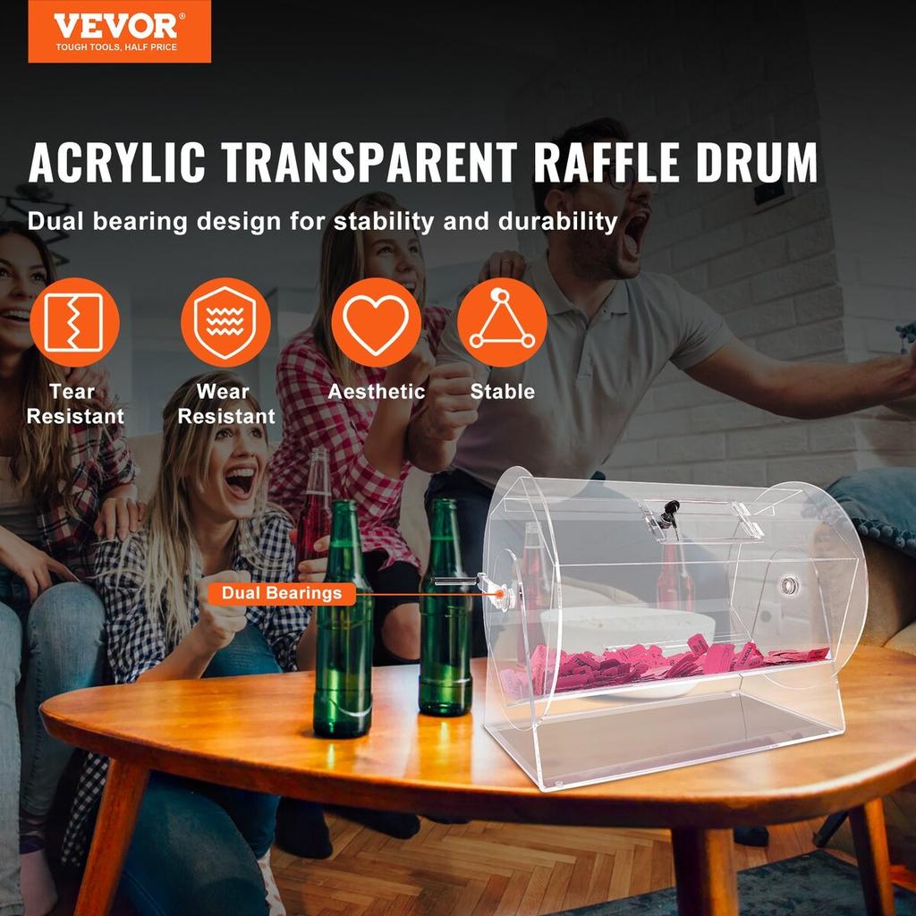 Acrylic Raffle Drum, Holds 10000 Tickets or 300 Raffle Balls, Professional Raffle Ticket Spinning Cage with 2 Keys, Transparent Lottery Spinning