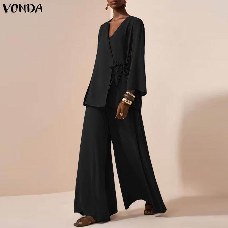 VONDA Women Sets Long Sleeve Side Cross Blouse and Pants Casual Two Piece Suit Sets