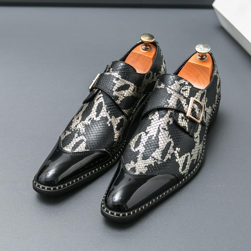 New Trend Pointed Toe Lace Up Snakeskin Pattern Patent Leather Shoes Designer Oxfords Wedding Dress Footwear Zapatos Hombre