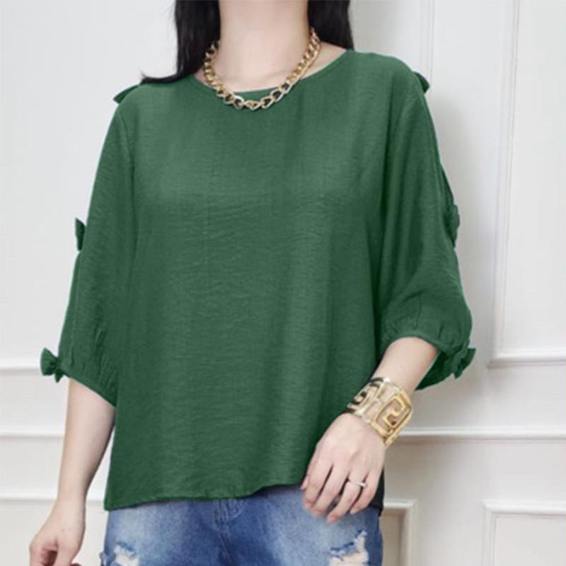 

ZANZEA Женская повседневная летняя блузка с круглым вырезом, полая, с рукавом до локтя 5XL темно-зеленого