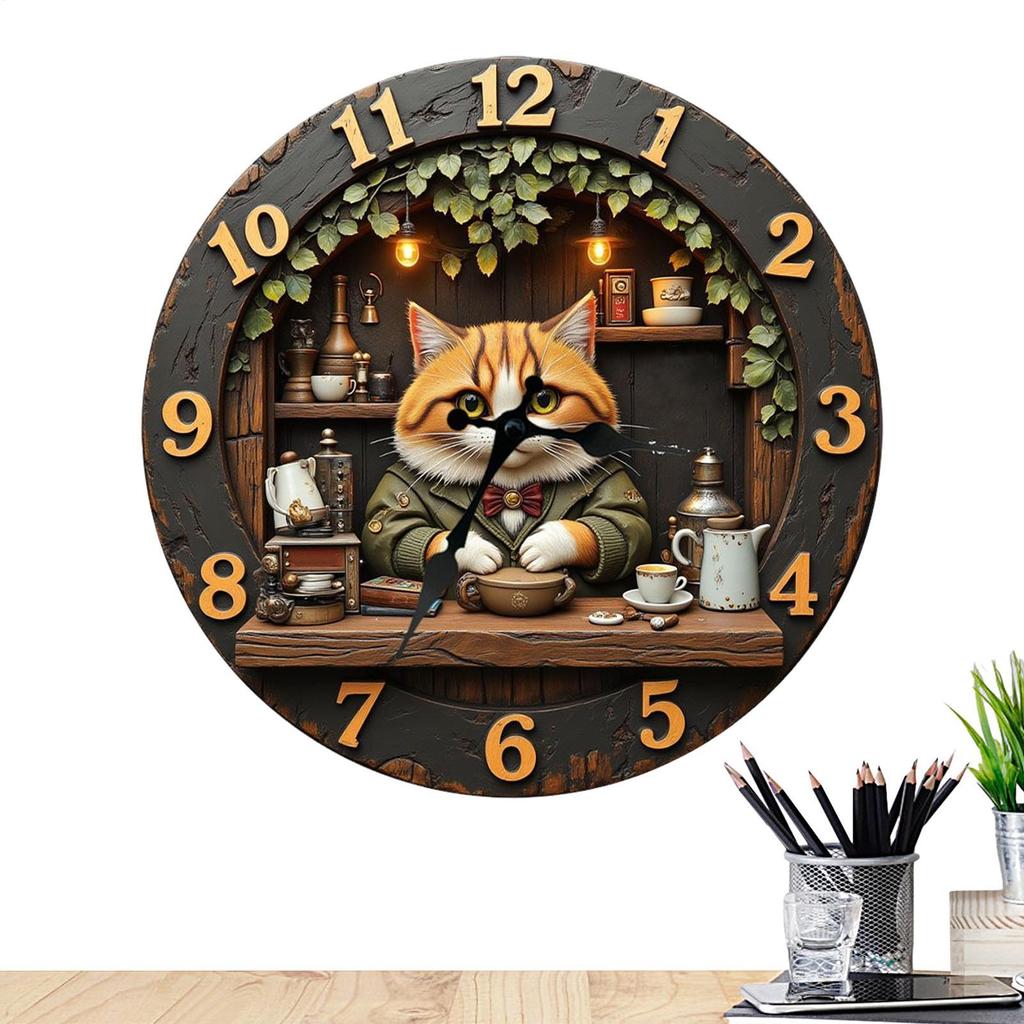 11.81 Inch Retro Cat-themed Wall Clock Cat Theme Wooden Wooden Cat Wall Clock Decoration For Home Living Room Bedroom