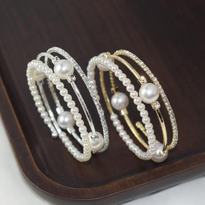 Crystal Pearl Bracelet Ladies Rhinestone Multi-layer Adjustable Bangles Cuffs Gold Silver Plated Charm Bracelets Jewelry