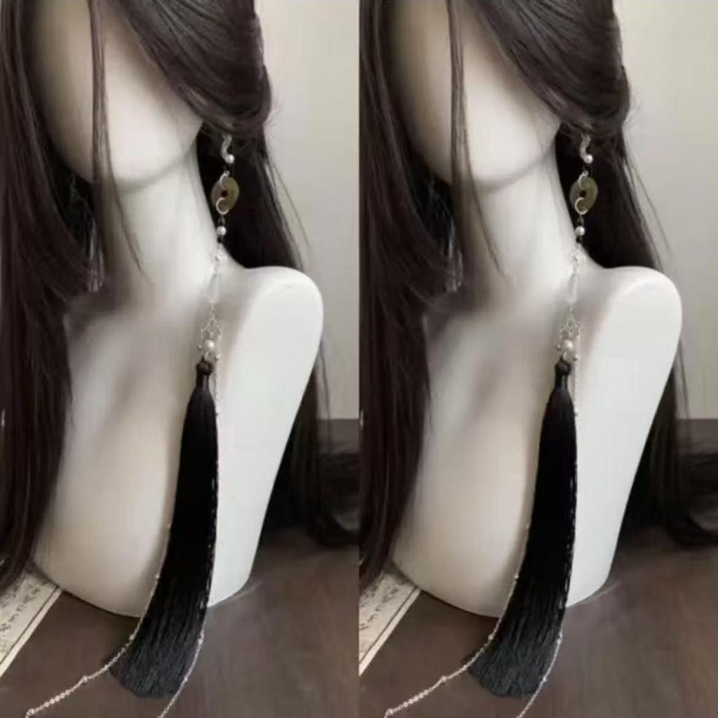 Mountain Ghost Flower Copper Coin Earrings with Tassels - Unisex Hanfu Style Ear Cuffs