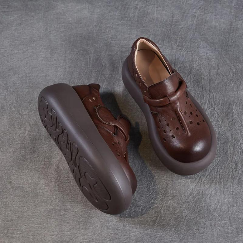 Johnature Dámské boty s dutou silnou podrážkou z pravé kůže s kulatou špičkou, dámské platformové sandály