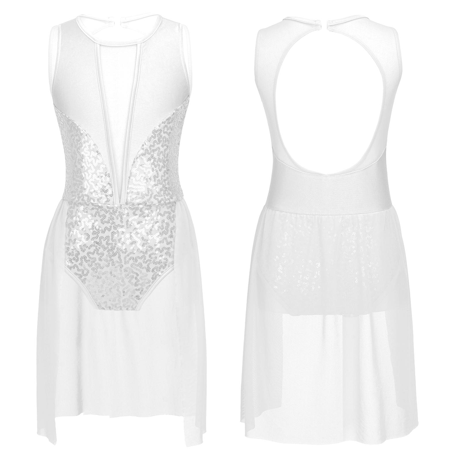 Vestito da ballo lirico con paillettes senza maniche per ragazze, costumi moderni e contemporanei, body da ginnastica con schiena cava, abbigliamento da ballo 7-8 Years bianco