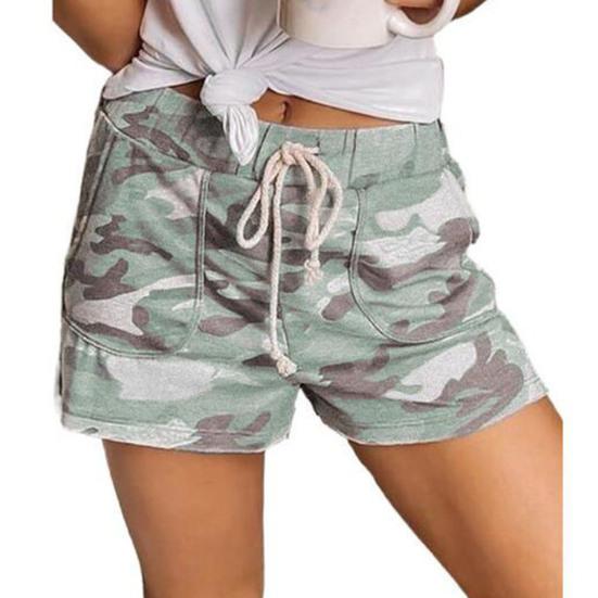 Elastic Waistband Pockets Female Shorts Straight Camouflage Print Drawstring Loose Shorts Streetwear