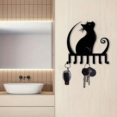 Vintage Black Cat Key Hanger 7 Hook Wall Mount Silhouette Design for Entryway Bedroom Pet Lover Gift