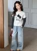 Girls' Retro Blue Graffiti Wide-Leg Jeans: Hand-Painted Loose-Fit Casual Pants
