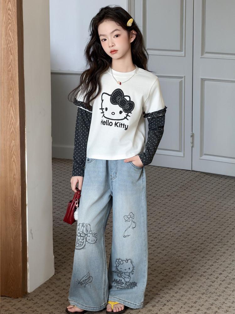 Girls' Retro Blue Graffiti Wide-Leg Jeans: Hand-Painted Loose-Fit Casual Pants