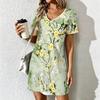 Sommer Mode Damen V-Ausschnitt Morandi Farbige Blumen Print Kleid Sex Kurzer Rock Kleider