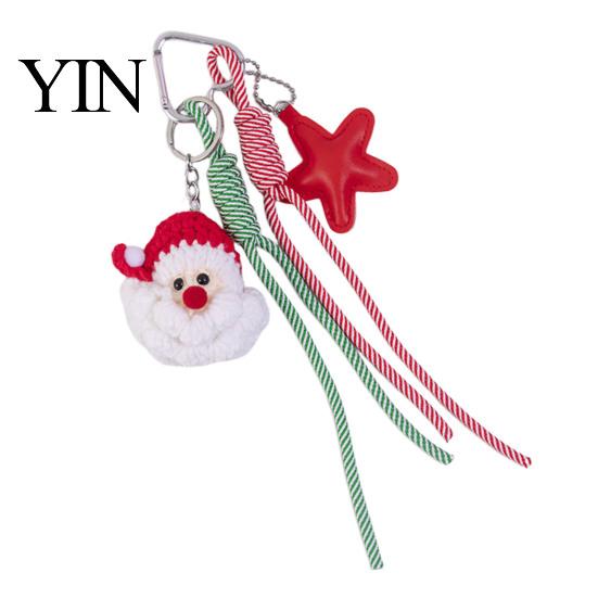 Knitted Holiday Embellishments Christmas Santa Claus Bag Charm, Crochet Keychain Pendant with Key Accessories Faux Leather Star, Xmas Hanging