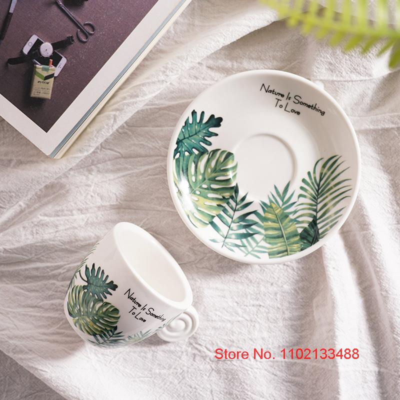 90ml Ceramics Coffee Cup And Saucer Set Nordic Fresh Cafe Drinkware Plant Monstera Office Mug Milk ESPRESSO SHOT Teacup For Girl