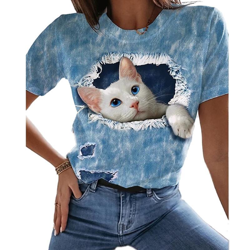 Animal Series Digital 3D Printed Men's Women's Short Sleeved T-shirt Cute Cat Round Neck Base Top