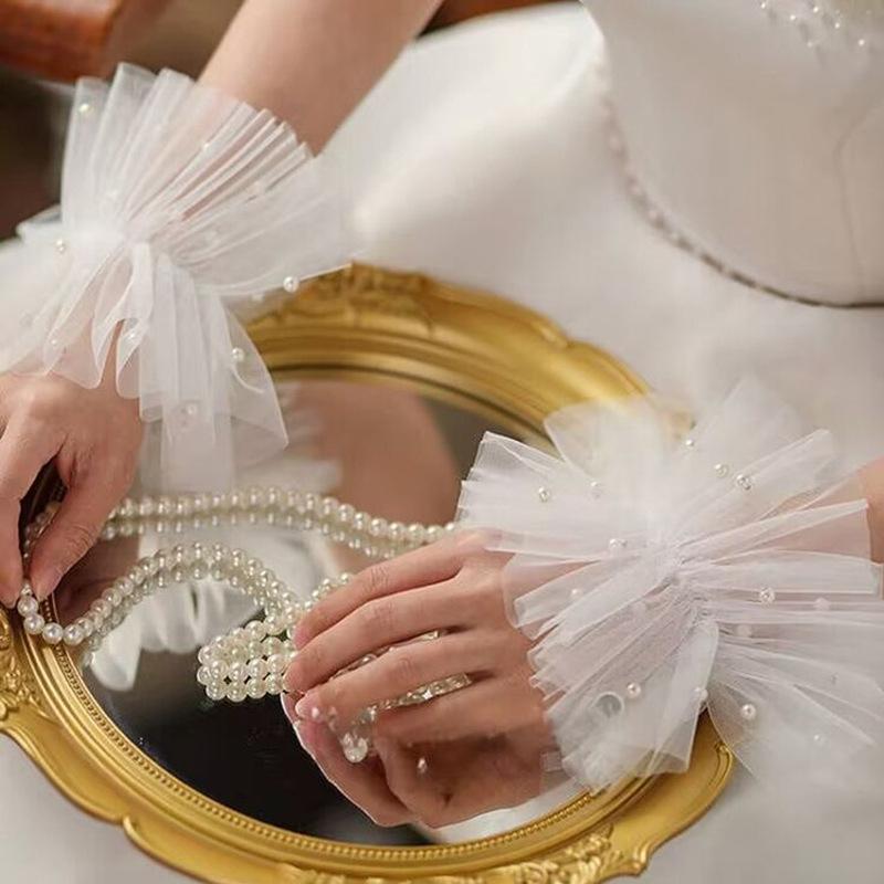 Beautiful Mesh Pearl Short Bridal Dress Lace Fake Sleeves Wedding Decoration Cuffs Pography Props Accessories