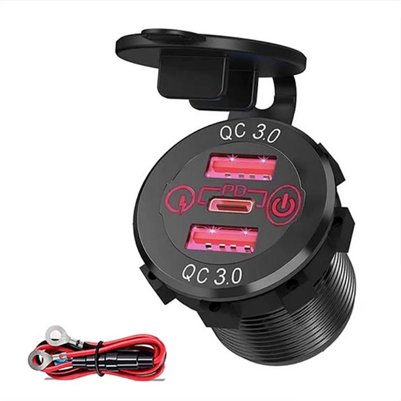 Car USB Charger Socket Metal 60W Cars Accessories 12/24V USB Outlet PD USB-C & Two QC3.0 Ports Touch Switch for Boat Marine