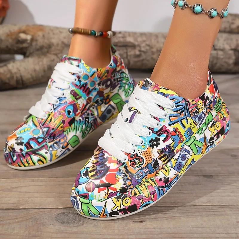 Fashion Plus Size 2025 Lace Up Women's Vulcanize Shoes Outdoor Walking Print Flat with Platform Sneakers Versatile Ladies Casual Shoes