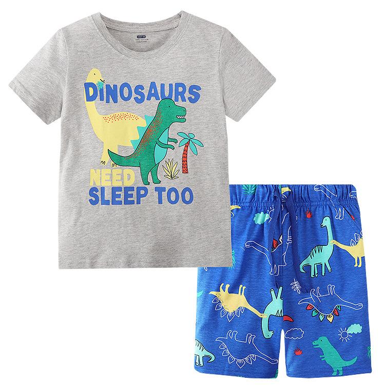 Boys' Two-piece Cartoon Printed Children's Round Neck Short Sleeved and Checkered Shorts Set