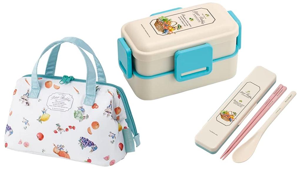 Skater Peter Rabbit Antibacterial Dishwasher Safe Soft Lunch Box with Combo Set Insulated Lunch Clasp Rabbit Soft and Tight Set 4-Point Lock, 2-Tier,