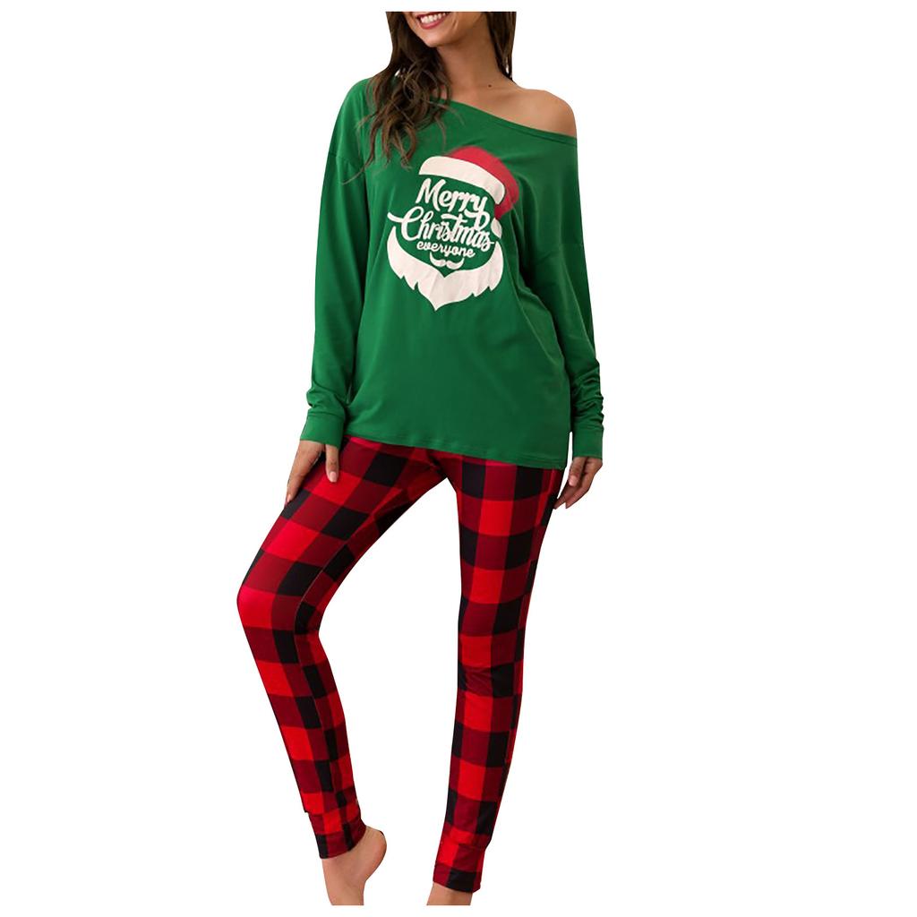 Women's Christmas Casual Loose Merry Christmas/Let It Show Print Plaid Print Long-sleeved Trouser Suit